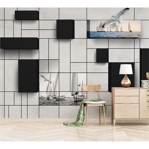 Beibehang High-end 3d stereo modern cube brick wall ocean sailing TV background wall custom decorative painting papel de parede