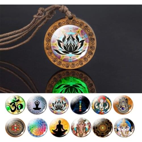 Buddhism Lotus Wooden Necklace India Om Symbol Yoga Flower of Life Mandala Vintage Collares Luminous Jewelry