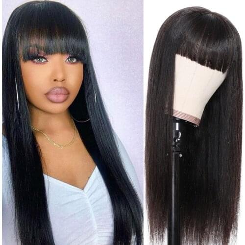 Cheap Brazilian Straight Human Hair Wigs with Bangs 8-26'' Soft And Pretty Full Machine Made Human Hair Wigs With Bangs