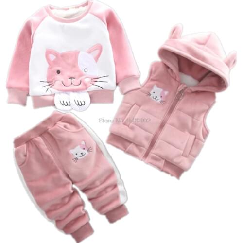 Kids Thickening Warm Hooded Vest+Sweater+Pants 3Pcs Sport Suit School Boys Girls Winter Cartoon Cat Tracksuit Children Tracksuit