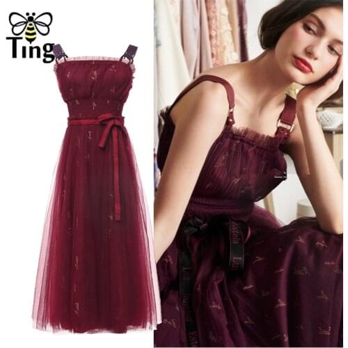 Tingfly Designer Sweet Girl A line Party Dress Strap High Waist Summer Dress Lady Vintage Casual Dress Midi Long Vestidos Mesh