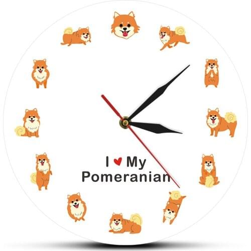 I Love My Pomeranian Dog Cartoon Style Modern Printed Wall CLock Spitz Puppy Nursery Animal Decor Wall Art Dog Breed Wall Watch