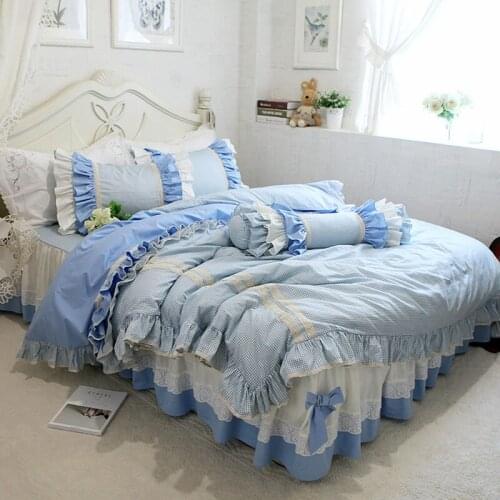 Top sweet ruffle bedding set plaid ruffle duvet cover bedding sun flower lace with bow bedspread elgant bed sheet for princess