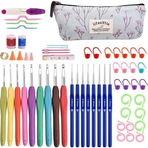 59Pcs/Set Crochet Hook Aluminum Knitting Needles Ergonomic Grip TPR Handle with Storage Bag DIY Craft Sweaters Scraf Sewing Tool
