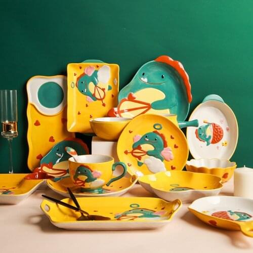 Lovely childrens tableware set dinosaur ceramic dinner bowl household plate cup cutlery