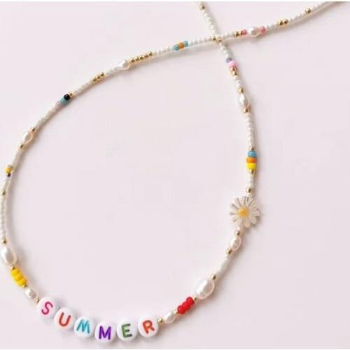 Fashion Creative Custom Name Necklace White Rice Beads Natural Pearl Mix And Match Short Jewelry Gift For Friends Daisy Flower