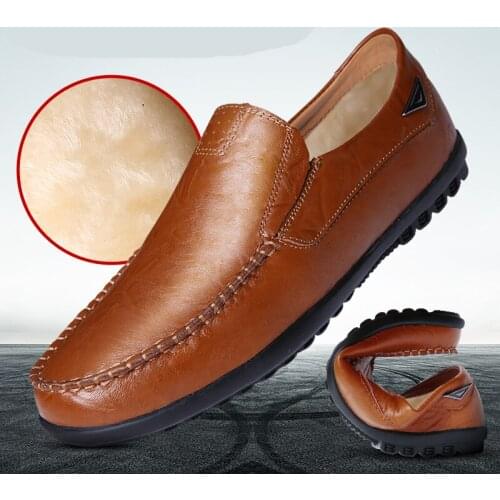 Male Big Size 47 Brand Loafers Men Winter Warm Plush Leather Dress Shoes Adults Slip On Moccasins Men Sneakers Driving Footwear