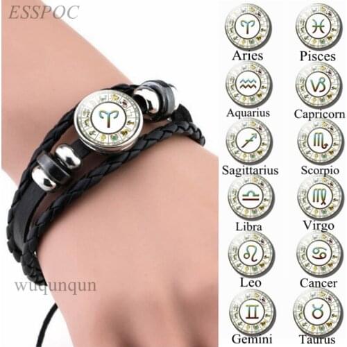 12 Zodiac Constellation Sign Leather Button Men Bracelet Night Sky Star Horoscope Black Bangle Glass Jewelry Birthday Gifts