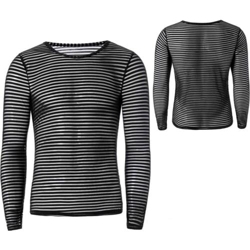 Unisex Undershirt Sexy Mesh Sheer Basic Shirts O-neck Gay Long Sleeves Slimming Undershirts Inner Tops Pajamas Sleeping Wear