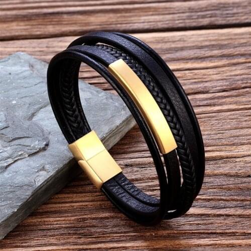 New 5 Layers Black Gold Punk Style Genuine Leather Bracelets for Men Steel Magnetic Bracelet Button Birthday Gift Male Bracelets