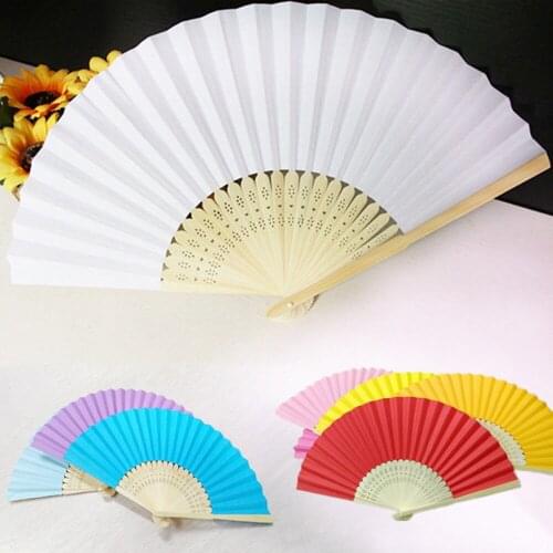 New Hand Held Fan Folding Paper Fan Summer Pattern Folding Dance Wedding Party Silk Folding Solid Color Fan