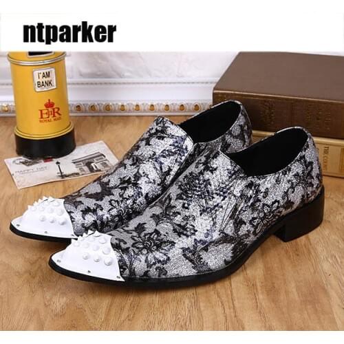 Ntparker-Luxury Italian Style Man Leather Shoes White Big Rivets Metal Toe Rock Dress Shoes Men for Party, Wedding and T-Show