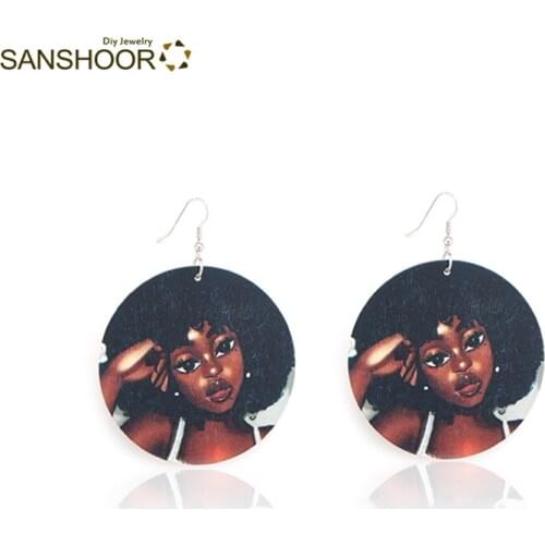 SANSHOOR African Black Girl Printing Afro Wooden Drop Earrings 1 Pair
