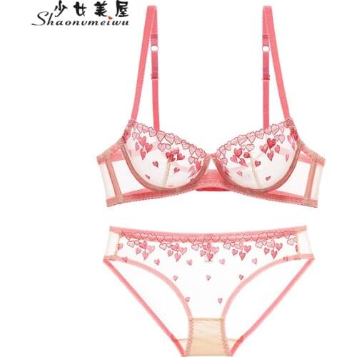 Shaonvmeiwu Sexy ladies new ultra-thin underwear pink love embroidery bra and panty set large size transparent bra temptation