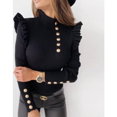 2020 Fall/Winter Womens Tops Stand-up Collar Button Solid Top Lace Long Sleeves Pullover Slim Elegant Female Clothing Garments