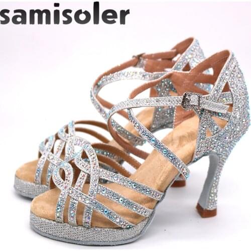 Latin Dance Shoes with Platform Jazz Shoes Dance Ballroom Shoes Girls Rhinestone High Heels Glitter Salsa Dancing Shoes
