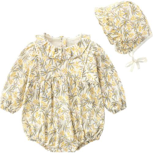 Floral Long Sleeve Spring Summer Cotton Newborn Infant Baby Girl Bodysuits Girls Clothes Jumpsuit + Hats