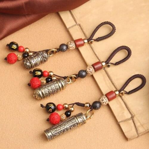 Vintage Copper Pendant for Keychain Necklace Buddhism Cylinder Brass Chinese Buddhist scripture Key Chain Hanging Jewelry