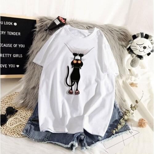 New Black cat print female T-shirt Harajuku graphic T-shirt O-neck short-sleeved women Tshirts Summer female TShirt