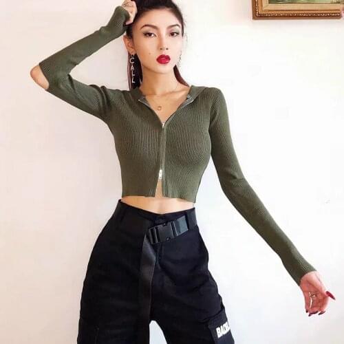 2021 Spring Autumn New Womens Solid Color Zipper Shirt Double Sleeve Hollowed Out Short Knitted Hooded Top