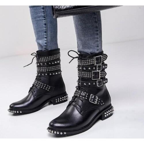 Moraima Snc Rivets Studded Motorcycle Leather Boots Round Toe Buckle Strap Woman Ankle Boots punk Style Riding Boots