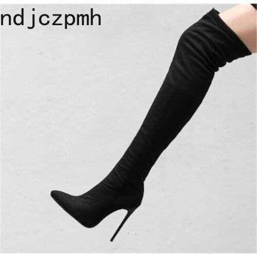 The New Women Shoes Winter Fashion Pointed Zipper Fine Heel High Heel Heel Height 12cm Over The Knee Boots Plus Size 34-48 Black