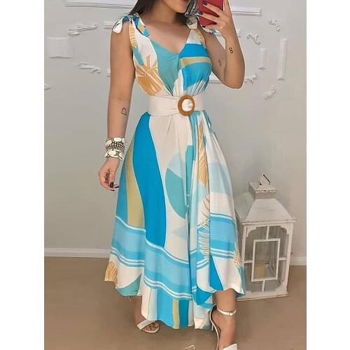 Tropical Print V Neck Tie Up Maxi Dress with Belt Women Sleeveless Casual Summer Dress