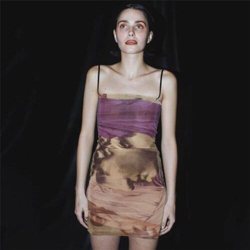 European And American Printed Sling Dress Female Word Low-Cut Hip Skirt Summer New Sexy Suit Tie-Dye Portrait Lolita Costume
