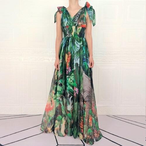 Plus Size Floor-Length Dress Boho Beach Summer New WomenS Flower Green Plant Print Casual Party Holiday Chiffon Sling Dresses