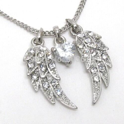 Fashion Costume Jewelry Alloy Crystal Wings with Heart Charm/Pendant Necklace xy023