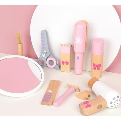 2021 New Wooden Play House Haircut Toy Pink Set Puzzle Childrens Simulation Wooden Toy Set Holiday Gift