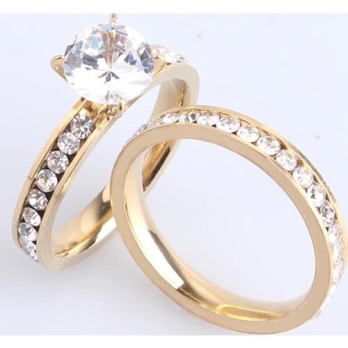 3mm gold color single row crystal zircon lovers 316L Stainless Steel Wedding rings for women men wholesale