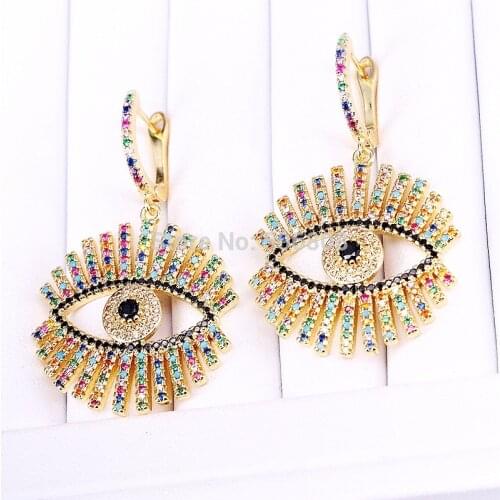 4 Pairs, Gold filled fashion earring rainbow cz zirconia eye & eyelash dangle earrings