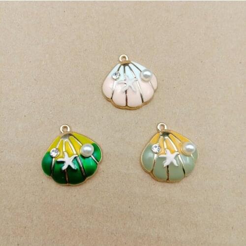 Free Shipping 30pcs/Lot 21*20MM Gold Tone Plated Enamel Alloy Charms Drop Oil Round Pearl Decorated Sea Shell Pendant Charm DIY