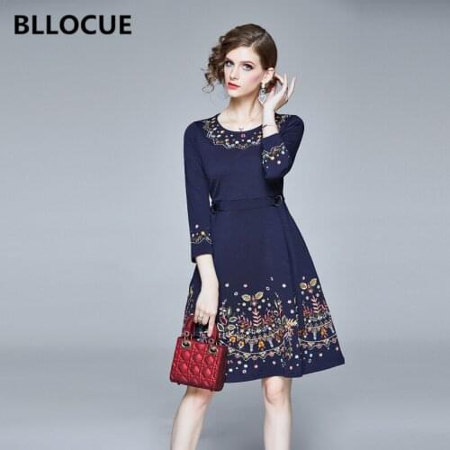 BLLOCUE New 2020 Spring Fashion Flower Embroidery Dress Women O-Neck Three Quarter Sleeve High Waist Vintage A-Line Dress