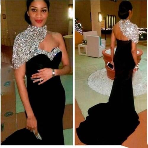 Black Evening Dresses Mermaid High Collar Beaded Crystals Backless Dubai Saudi Arabia Long Prom Dress Gown Robe De Soiree