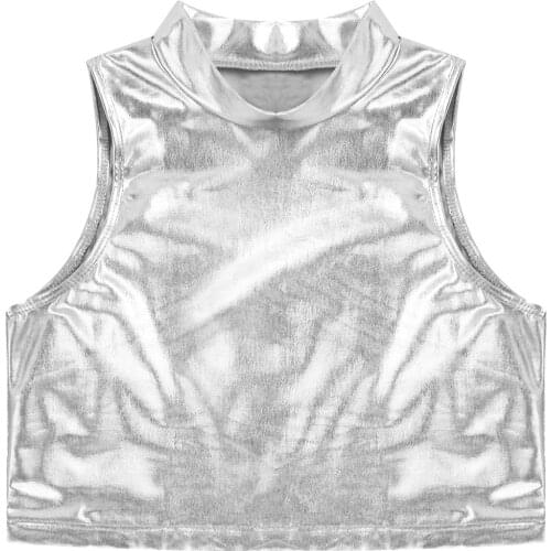 Kids Girls Ballet Tops Dancewear Metallic Sleeveless Turtleneck Dance Tanks Crop Top Children Stage Performance Workout Clothes