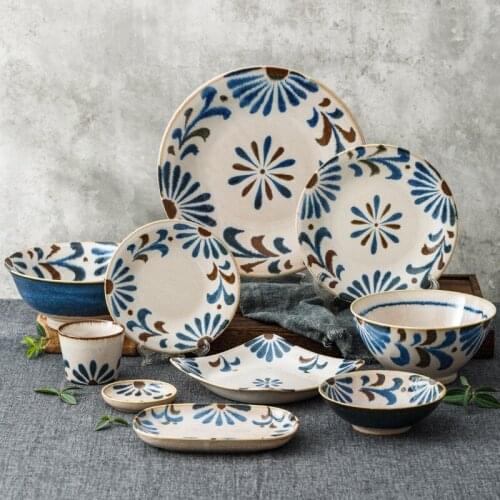 Two-color Oceangrass Series Ceramic Tableware Underglaze Colored Flower Ceramic Bowl Japanese-style Flat Plate Dishes and Plates