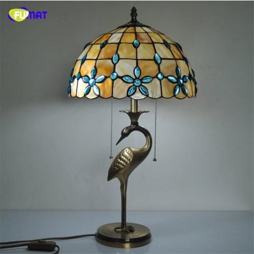 FUMAT Tiffany Blue Floral Stained Glass Table Lamp Natural Shell Lampshade Crane Shape Lampholders Table Lights Bedroom Lights