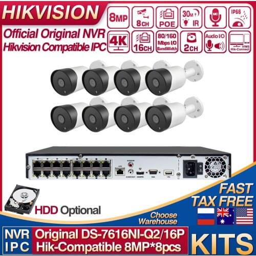 Hikvision Compatible Kits DS-7616NI-Q2/16P 16POE NVR & 8MP IP Camera Bullet POE 30M IR Built-in MIC 8pcs Plug&play CCTV System