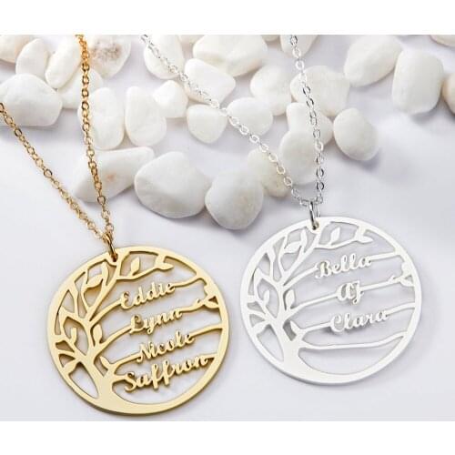 HUHUI Custom Family Tree of Life 1-6 Names Necklace Stainless Steel Nameplate Pendant Jewelry For Women Unisex Christmas Gift