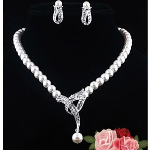 Women Necklace Earring Set Alloy Crystal Inlay Faux Pearl Jewelry Suit for Brides BN