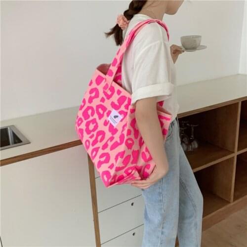 Fashion Women Canvas Clutch Bags Pink Leopard Handbag Bucket Bags Vintage Tote Top-Handle Large Capacity Shoulder Bag