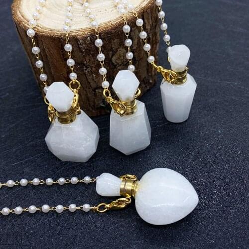 Natural Stone White Jade Crystal Heart-shaped Perfume Bottle Pendant Necklace Lady Essential Oil Small Bottle DIY Accessories