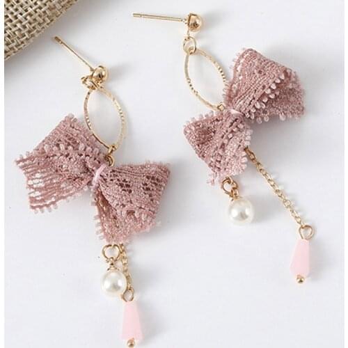 New Fashion Sweet Cute Lace Bow-knot Tassel Pearl Crystal Earrings Jewelry Earring For Women Female Accessories