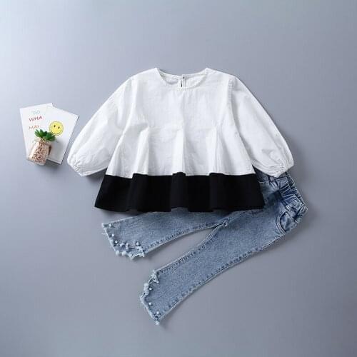 2-7 years high quality girl clothing set 2020 new autumn fashion casual patchwork shirt + denim pant kid children clothing