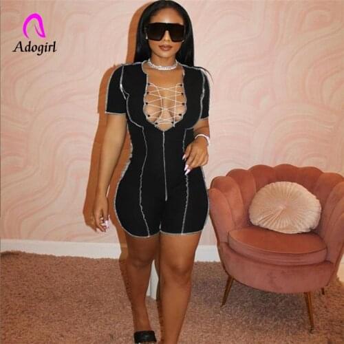 Sexy Hollow Out Stitching Skinny Rompers Women 2021 Summer Short Sleeve Workout Fitness Solid Slim Deep V-Neck Biker Playsuit