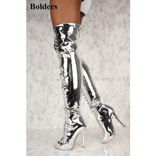 Unique Designer Mirror Leather Silver Gold Peep Toe High Heel Thigh High Boots Patent Cross Tied Over The Knee Stiletto Shoes