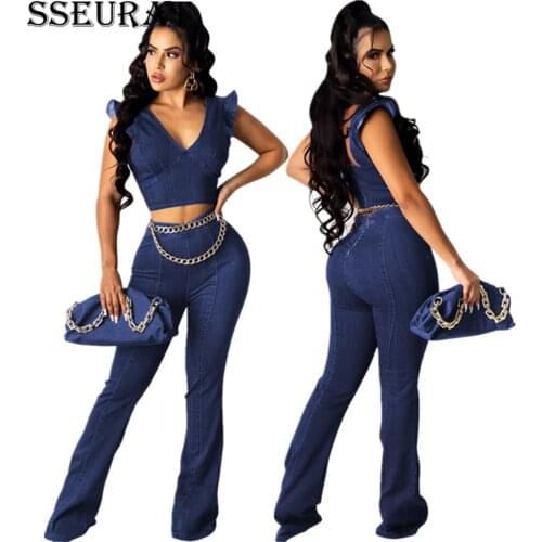 SSEURAT Fashion Fake Jeans Elastic Womens Set V-neck Crop Tops and Flare Pants Matching Two 2 Piece Outfits Tracksuit