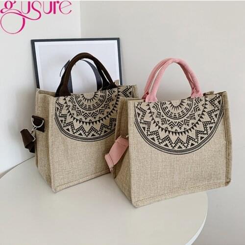 Gusure High Quality Women Linen Tote Bags Large Capacity Female Casual Shoulder Crossbody Bag Handbag Purse Beach Shopping Bag